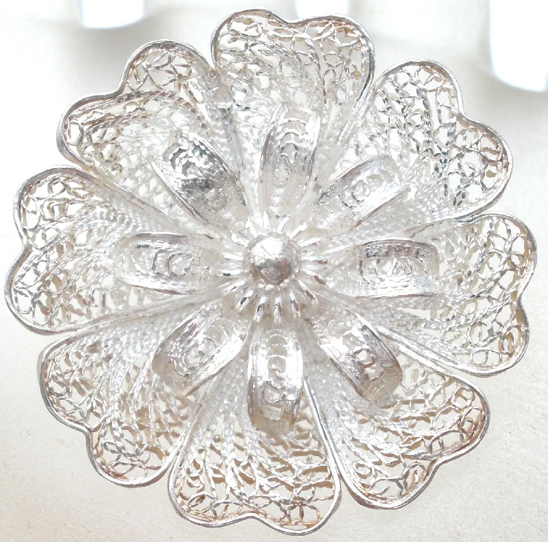 Sterling Silver Cannetille Flower Brooch Pin Vintage