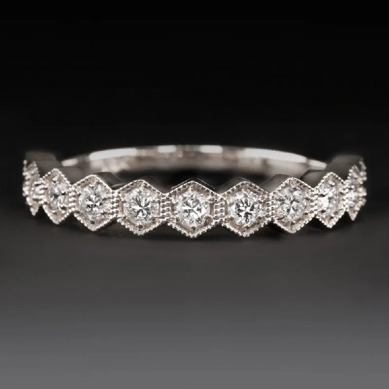 wedding set rings for women -DIAMOND 14 WHITE GOLD WEDDING BAND STACKING RING HONEYCOMB VINTAGE STYLE HEXAGON