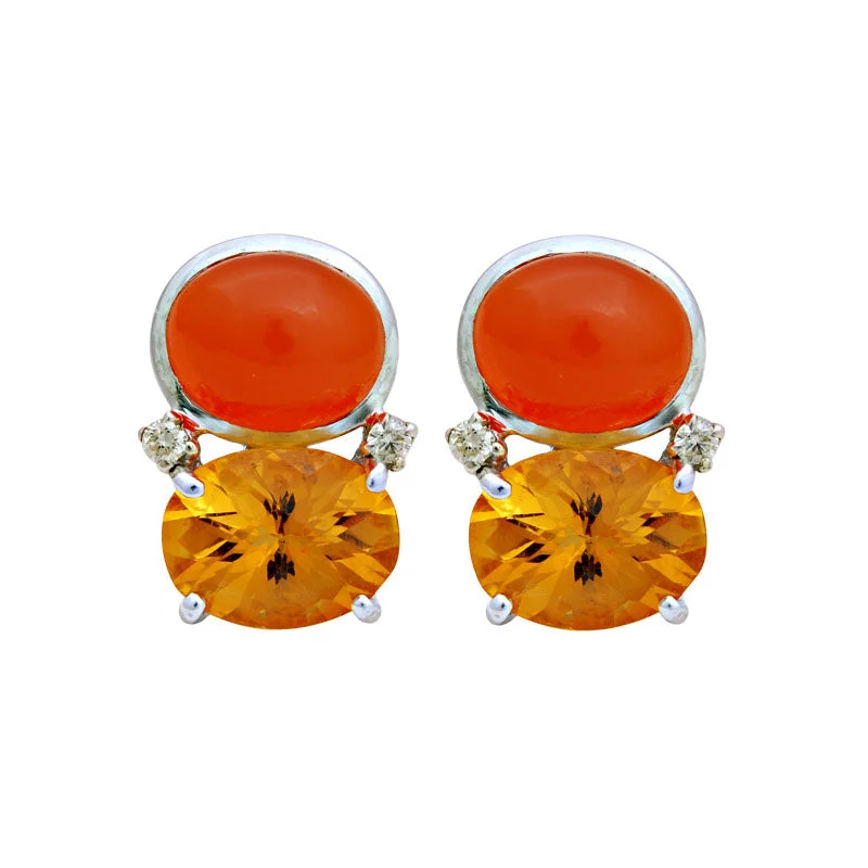 designer earrings for women -Earrings-Citrine, Cornelian and Diamond