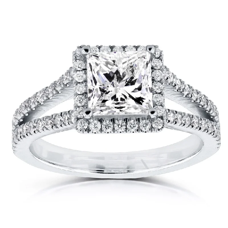 thin engagement rings -Annello by Kobelli 14k White Gold Certified 2 1/4ct TDW Princess Diamond Halo Long Split Shank Ring