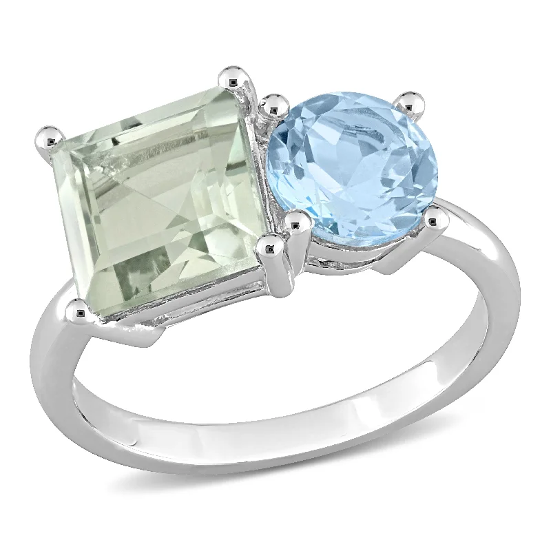 emerald rings for women -Miadora 3 4/5ct TGW Octagon Green Quartz and Sky Blue Topaz Ring in Sterling Silver