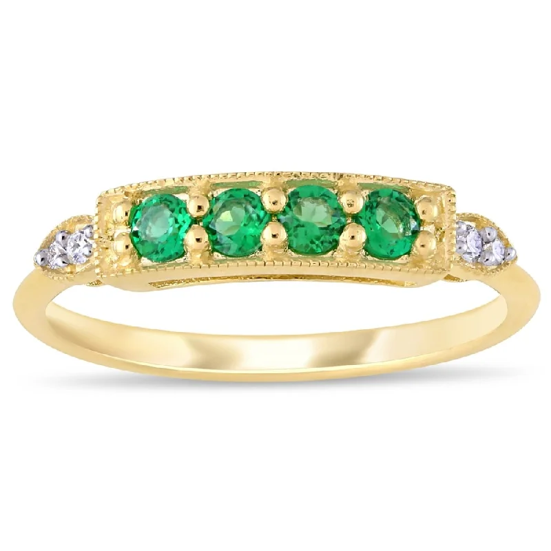 double band rings for women -Miadora 10k Yellow Gold Created Emerald and Diamond Milgrain Detail Bar Ring