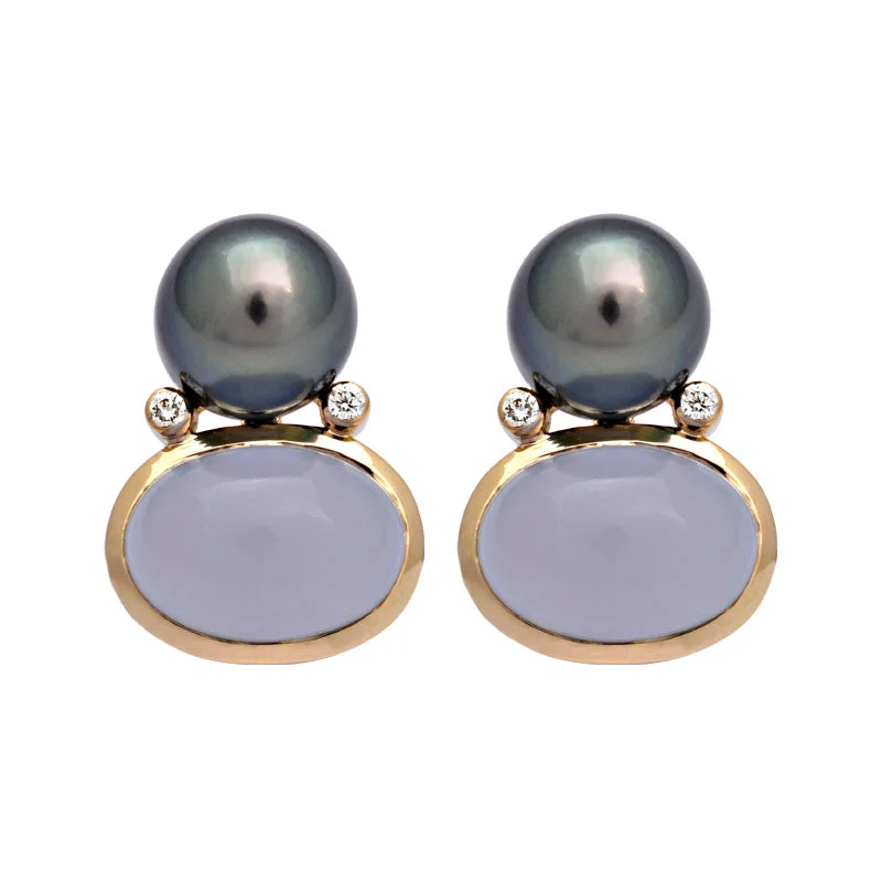 cubic zirconia earrings for women -Earrings-Chalcedony, South Sea Pearl and Diamond