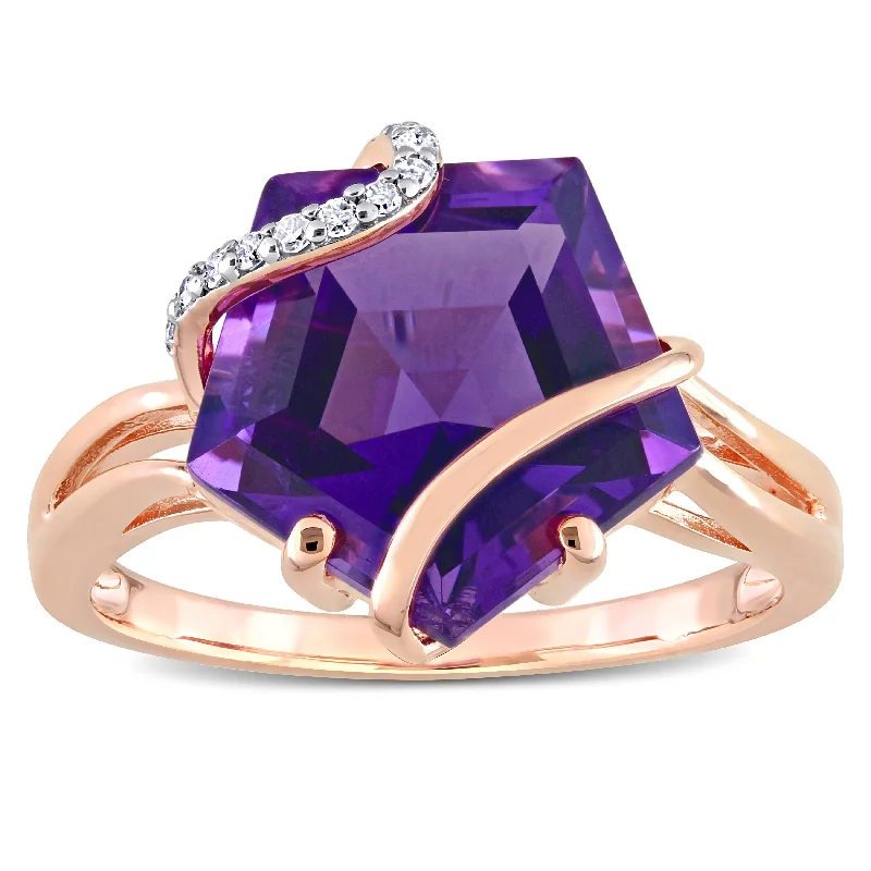 wedding set rings for women -Miadora Fancy-cut Amethyst & Diamond Accent Swirl Cocktail Ring in Rose Plated Sterling Silver