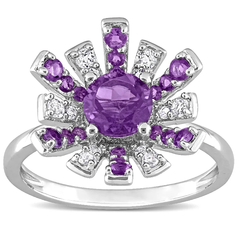 halo engagement rings -Miadora African Amethyst and White Topaz Floral Cluster Ring in Sterling Silver