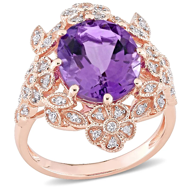 rose gold rings for women -Miadora 14k Rose Gold Oval-cut Amethyst & 1/4ct TDW Diamond Vintage Floral Halo Cocktail Ring