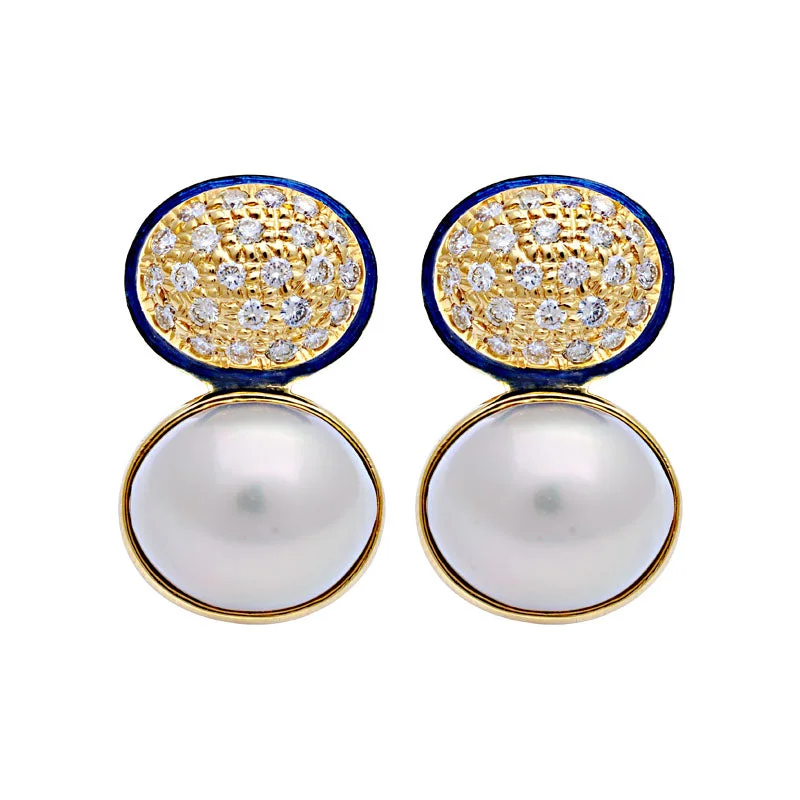 gemstone stud earrings -Earrings-South Sea Pearl and Diamond (Enamel)