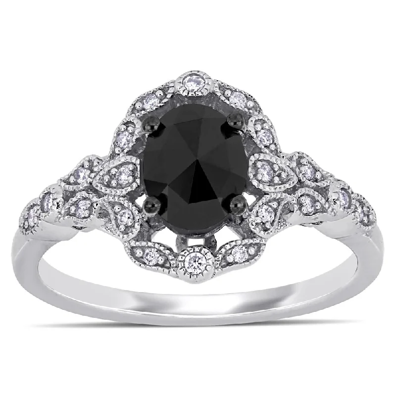 custom engraved rings -Miadora 14k White Gold with Black Rhodium 1ct TDW Black and White Diamond Halo Ring