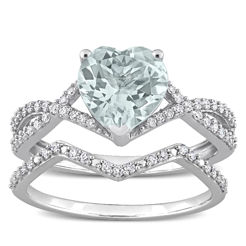 anniversary gemstone rings -Miadora Heart-cut Aquamarine and 1/3ct TDW Diamond Crossover Bridal Ring Set in 14k White Gold