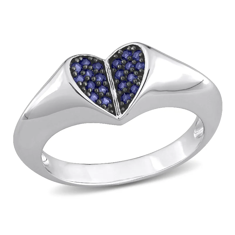 diamond wedding rings for women -Miadora 1/5ct TGW Created Blue Sapphire Heart Ring in Black Rhodium Plated Silver