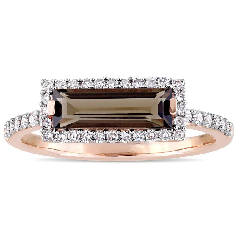 gold plated rings for women -Miadora Signature Collection 14k Rose Gold Smokey Quartz and 1/4ct TDW Diamond Bar Halo Ring - Brown