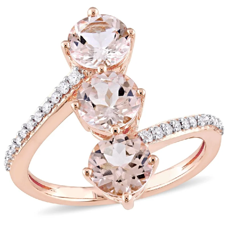 diamond wedding rings for women -Miadora 14k Rose Gold Morganite and 1/7ct TDW Diamond 3-Stone Bypass Ring