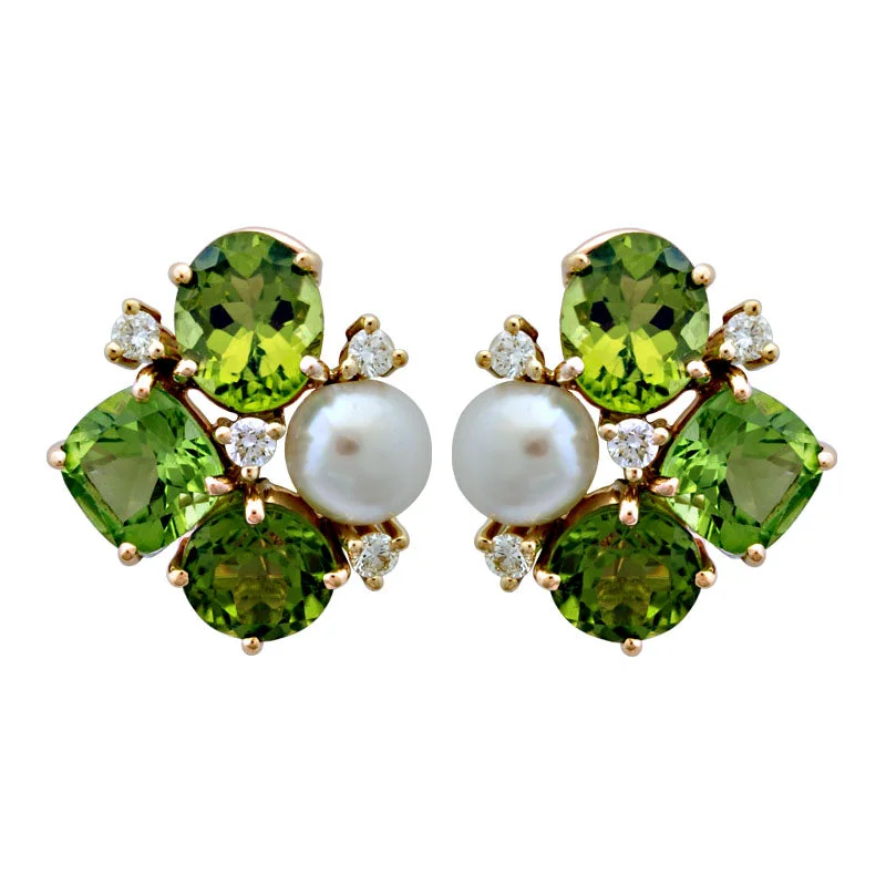 diamond earrings for women -Earrings-Peridot, Pearl and Diamond