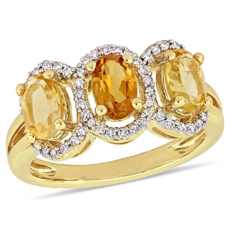 adjustable gold rings for women -Miadora Yellow Plated Sterling Silver Citrine Madeira Citrine with 1/5ct TDW Diamond 3-Stone Halo Ring