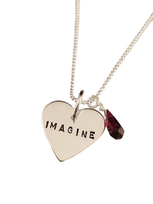 adjustable gold necklaces for women -16" Sterling Silver 'Imagine' Heart Necklace with Garnet Gemstone Drop