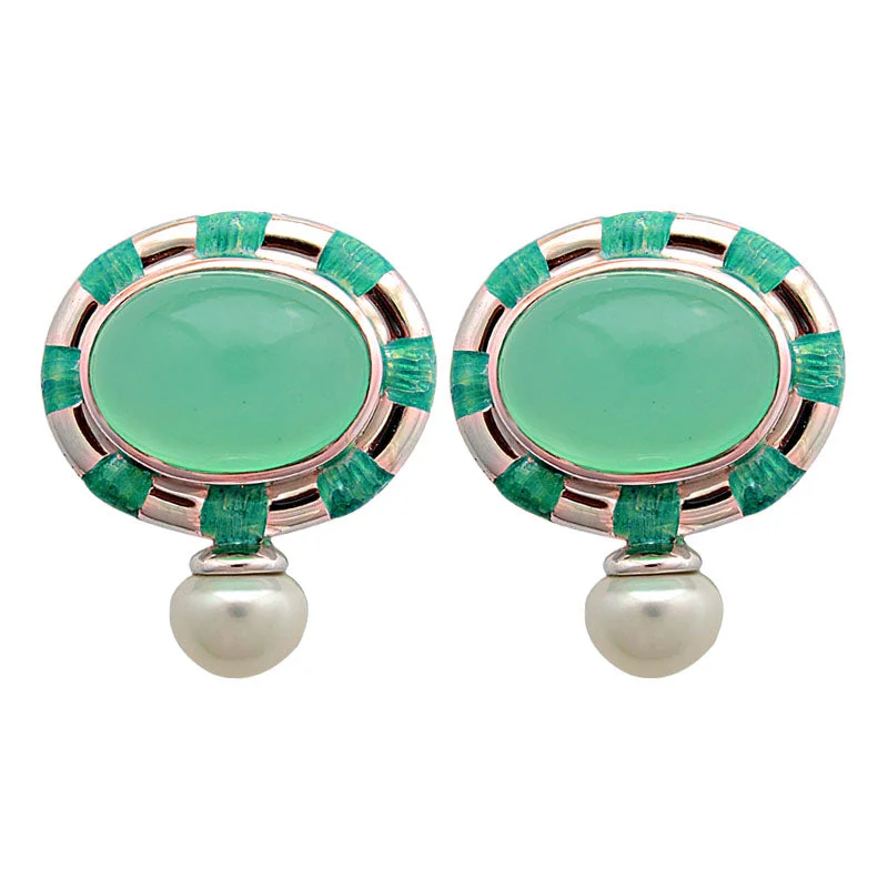 birthstone earrings for women -Earrings-Chrysoprase and Fresh Water Pearl (Enamel)