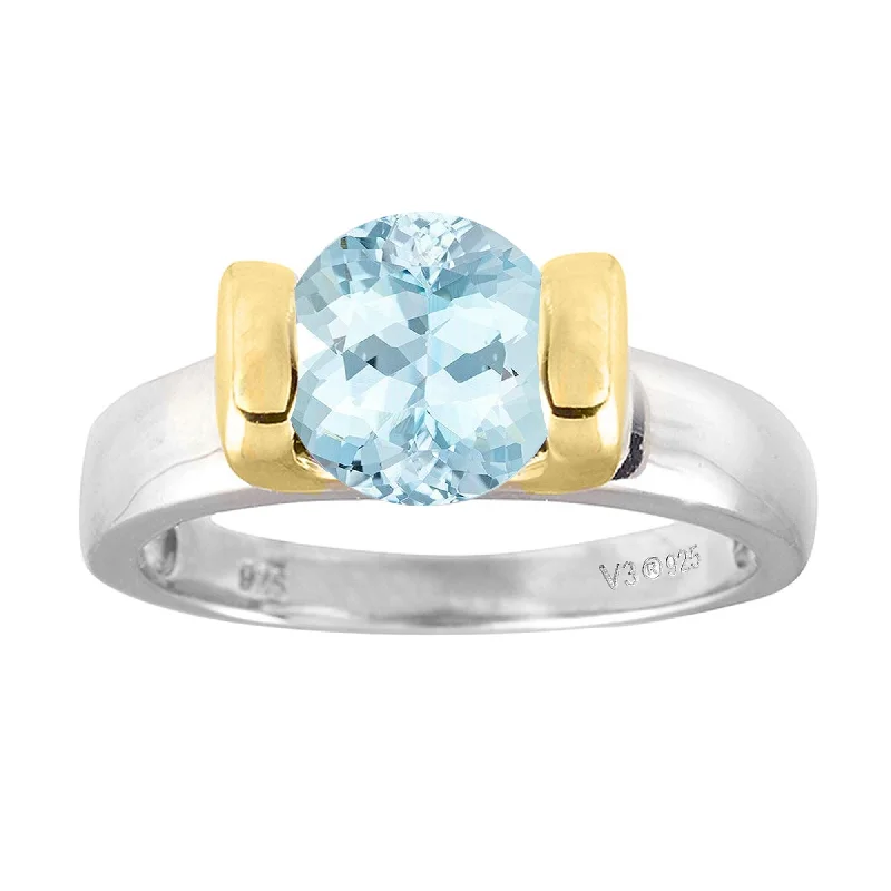 custom engraved rings -Two Tone with Natural Aquamarine Solitaire ring