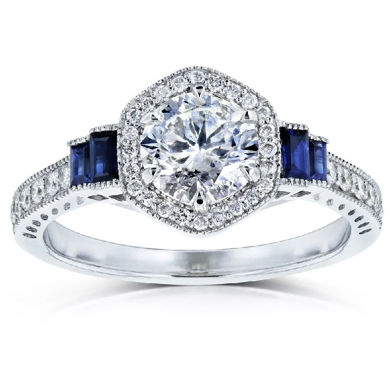 fashion promise rings -Annello by Kobelli 14k White Gold 1 1/2ct TGW Diamond and Sapphire 6-prong Halo Art Deco Ring