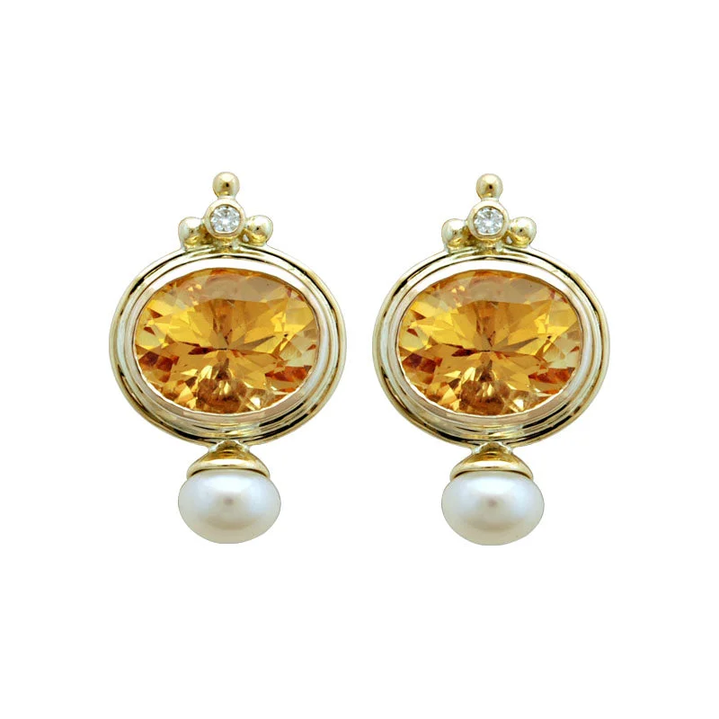 luxury earrings for women -Earrings-Citrine, Pearl and Diamond