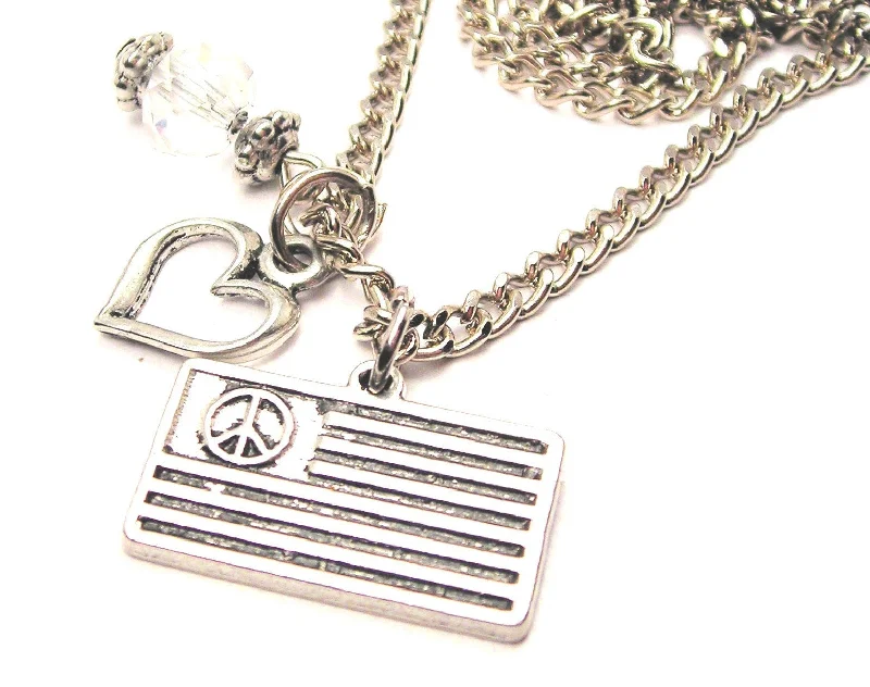 custom name necklaces for women -Peace Sign American Flag Heart And Crystal Necklace