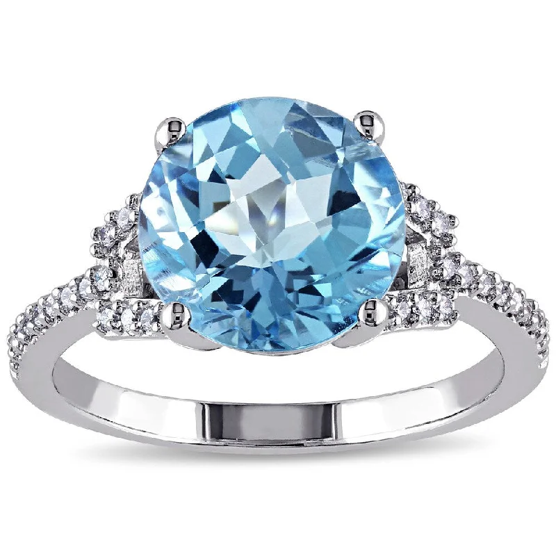 engraved rings for women -Miadora Signature Collection 14k White Gold Blue Topaz and 1/6ct TDW Diamond Cocktail Ring (G-H, SI1