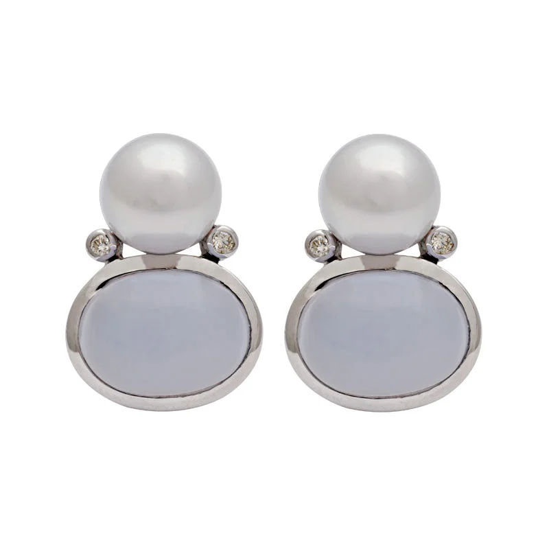 vintage stud earrings -Earrings-Chalcedony, South Sea Pearl and Diamond