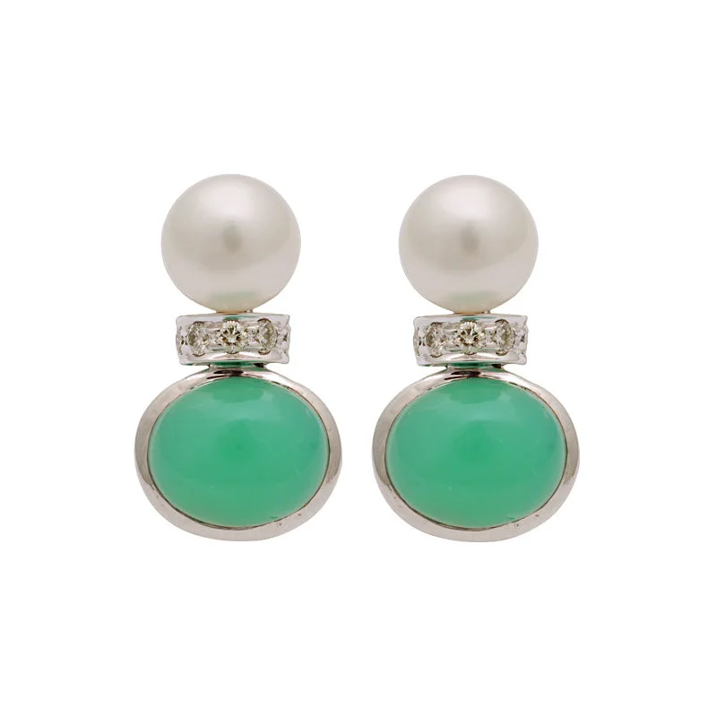 crystal stud earrings for women -Earrings-Chrysoprase, South Sea Pearl and Diamond