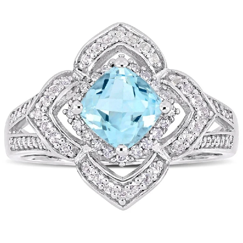 fashion rings for women -Miadora Sterling Silver Blue Topaz White Topaz & 1/5ct TDW Diamond Floral Halo Ring