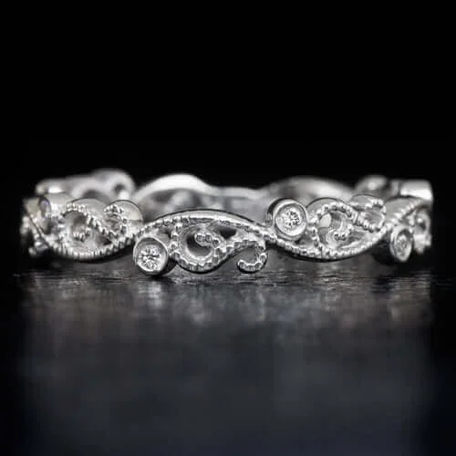 wedding bands with diamonds -DIAMOND ART DECO 14K WEDDING BAND FILIGREE FLORAL VINTAGE STYLE WHITE GOLD RING