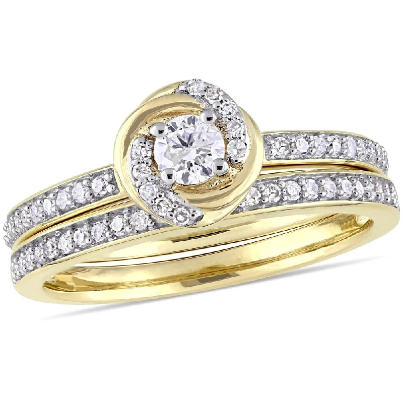 fashion wedding rings -Miadora 10k Yellow Gold 1/2ct TDW Diamond Swirl Halo Bridal Ring Set