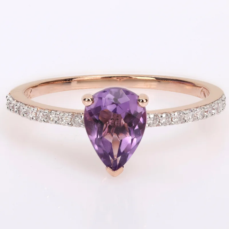 luxury rose gold rings -Miadora Pear-cut Amethyst and 1/6ct TDW Diamond Teardrop Ring in 14k Rose Gold