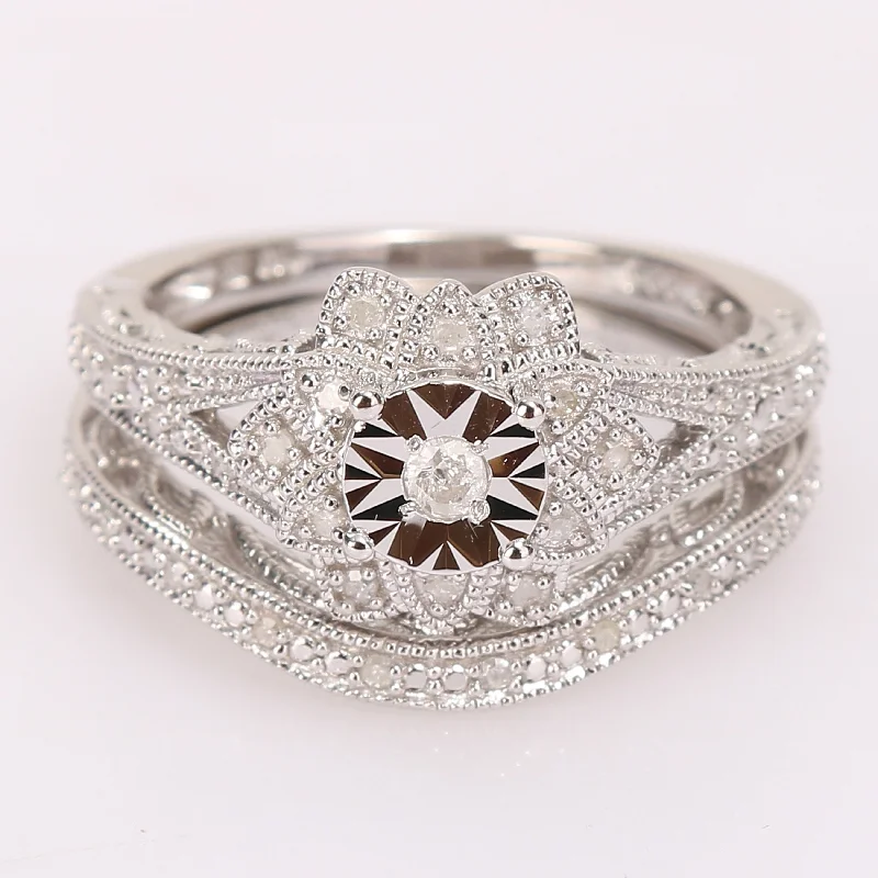 anniversary rings with diamonds -Miadora Sterling Silver 1/5ct TDW Diamond Vintage Floral Bridal Ring Set