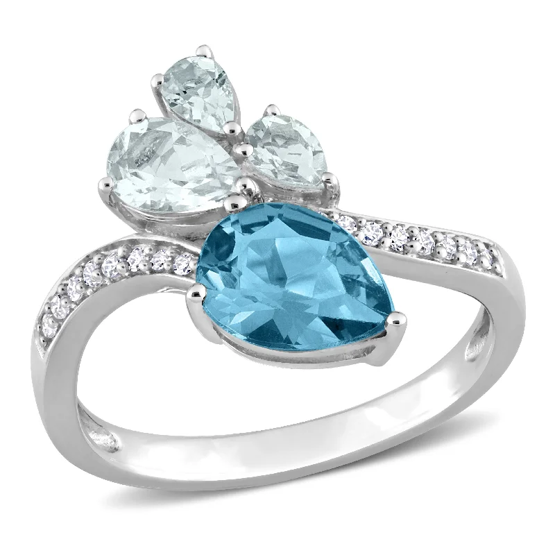 anniversary rings with gemstones -Miadora 1 7/8ct TGW Pear-Shape London Blue Topaz and Aquamarine and 1/10ct TDW Diamond Toi et Moi Ring in 14k White Gold