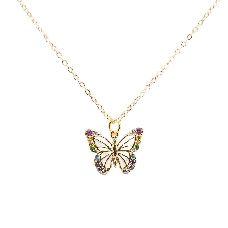 chunky necklaces for women -Butterfly Insect Rainbow CZ Enamel Charm Necklace