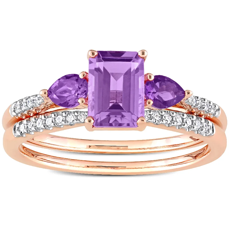 wedding bands for women -Miadora 10k Rose Gold Rose de France African Amethyst & 1/10ct TDW Diamond 3-Stone Bridal Ring Set