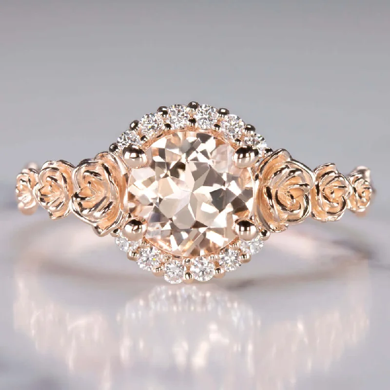 vintage engagement rings -MORGANITE DIAMOND 14K ROSE GOLD RING BRANCH FLOWER RUSTIC PINK PEACH ROUND CUT