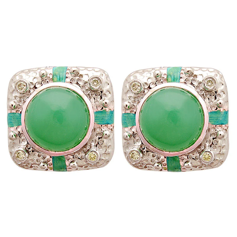 simple gold earrings for women -Earrings-Chrysoprase and Diamond (Enamel)