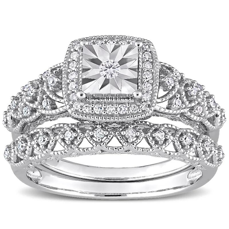 engagement rings with diamonds -Miadora 1/3ct TDW Diamond Cushion Halo Bridal Ring Set in Sterling Silver