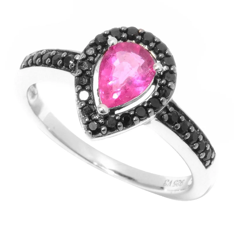 art deco rings for women -Sterling Silver with Rubellite Tourmaline and Black Spinel Halo Ring