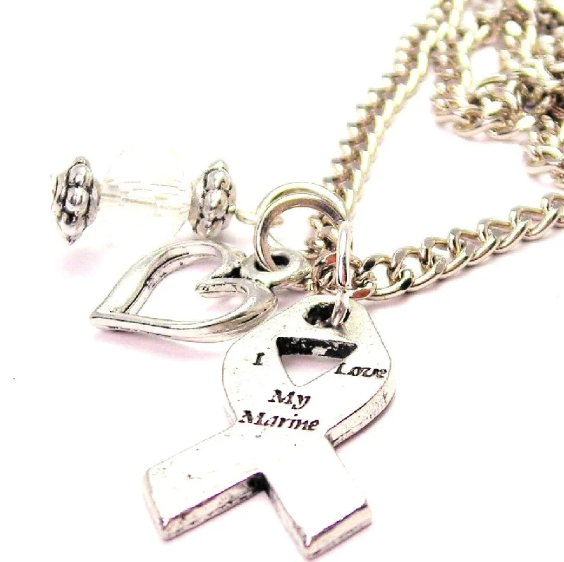 women's silver necklaces -I Love My Marine Awareness Ribbon Necklace with Small Heart