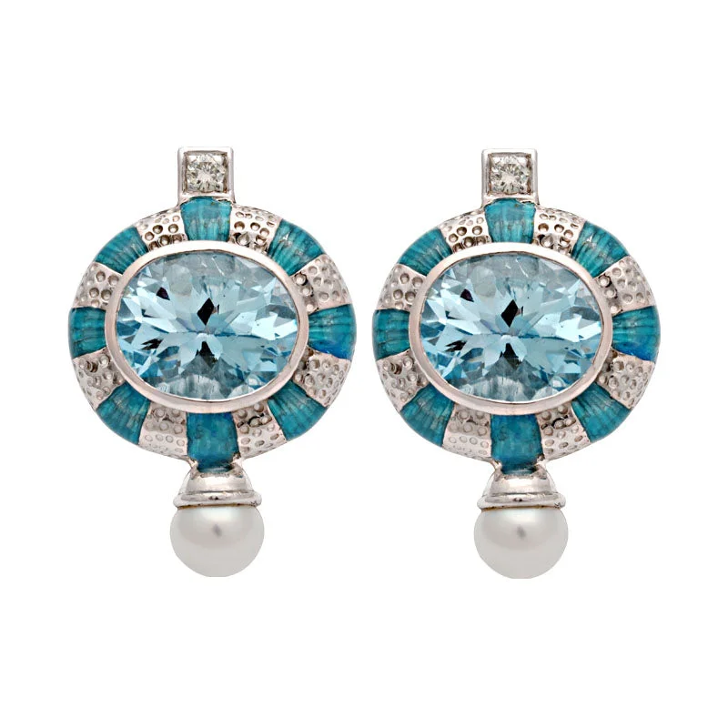 casual earrings for women -Earrings-Blue Topaz, Fresh Water Pearl and Diamond (Enamel)