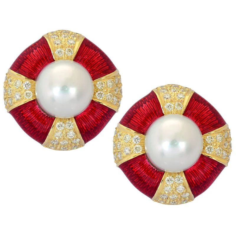 cubic zirconia earrings for women -Earrings-South Sea Pearl and Diamond (Enamel)