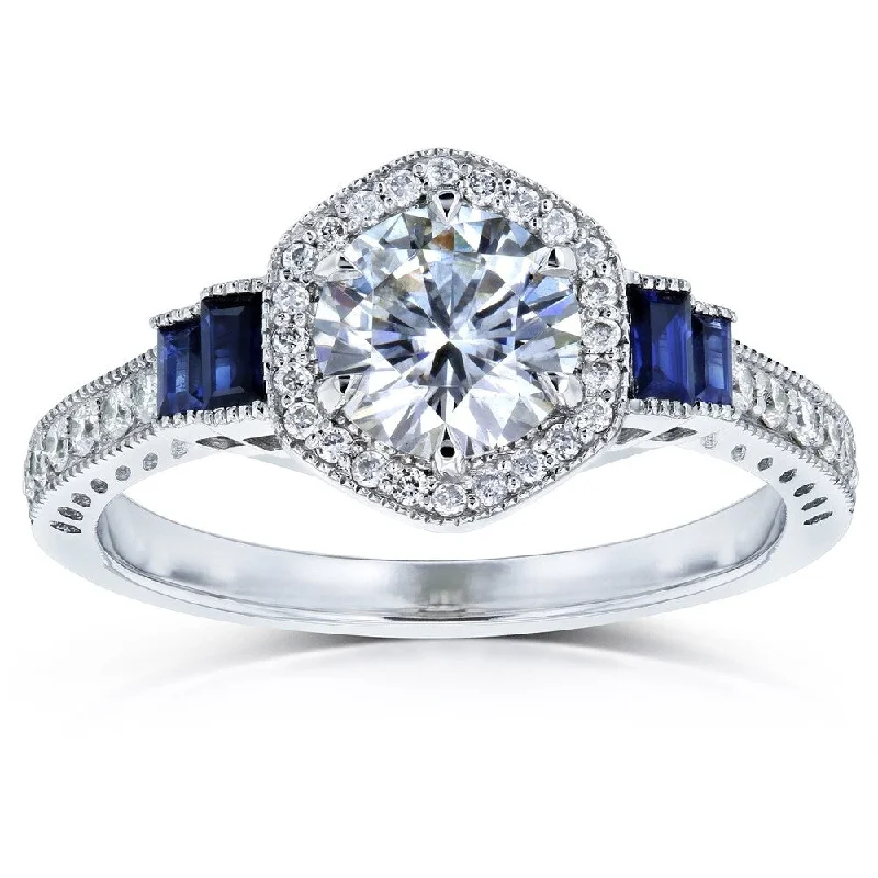 minimalist rings for women -Annello by Kobelli 14k White Gold 1 1/2ct TGW Moissanite Sapphire and Diamond 6-prong Halo Art Deco Ring