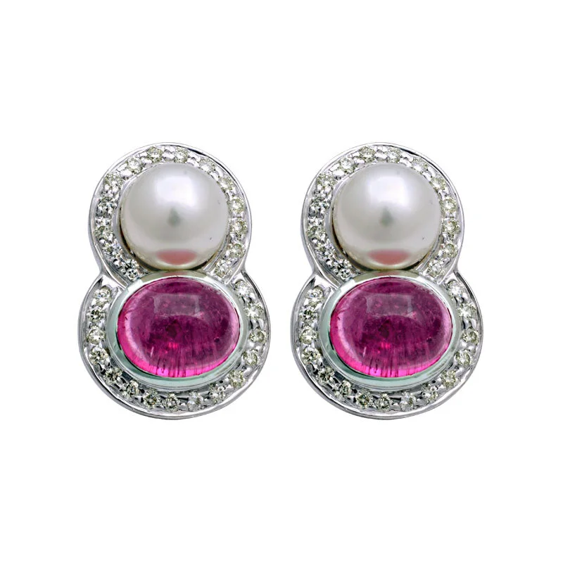 trendy earrings for women -Earrings-Rubellite, South Sea Pearl and Diamond