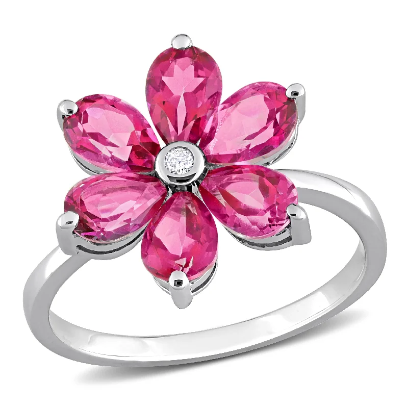 thin engagement rings -Miadora 2 4/5ct TGW Pear Shape Pink Topaz and Diamond Accent Floral Ring in 10k White Gold