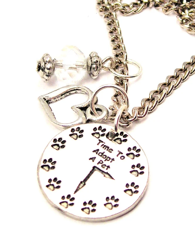 bohemian necklaces for women -Time To Adopt A Pet Clock With Paw Prints Necklace with Small Heart