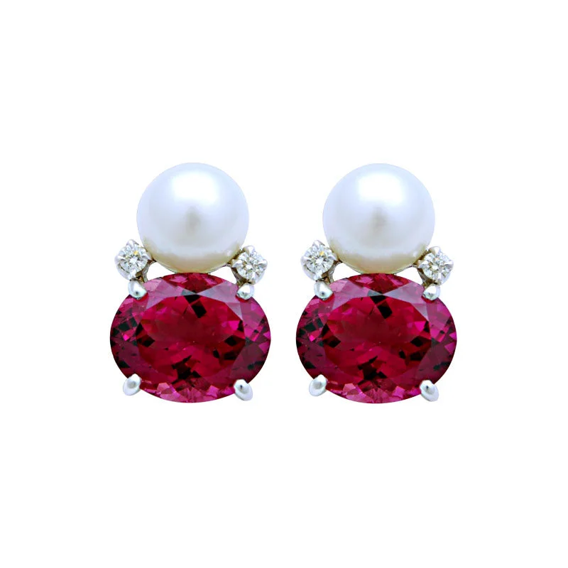 drop earrings for women -Earrings-Rubellite, South Sea Pearl and Diamond