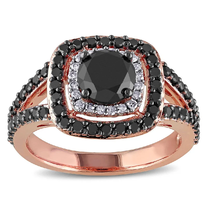 luxury diamond wedding rings -Miadora 14k Rose Gold 2ct TDW Black and White Diamond Double Halo Ring