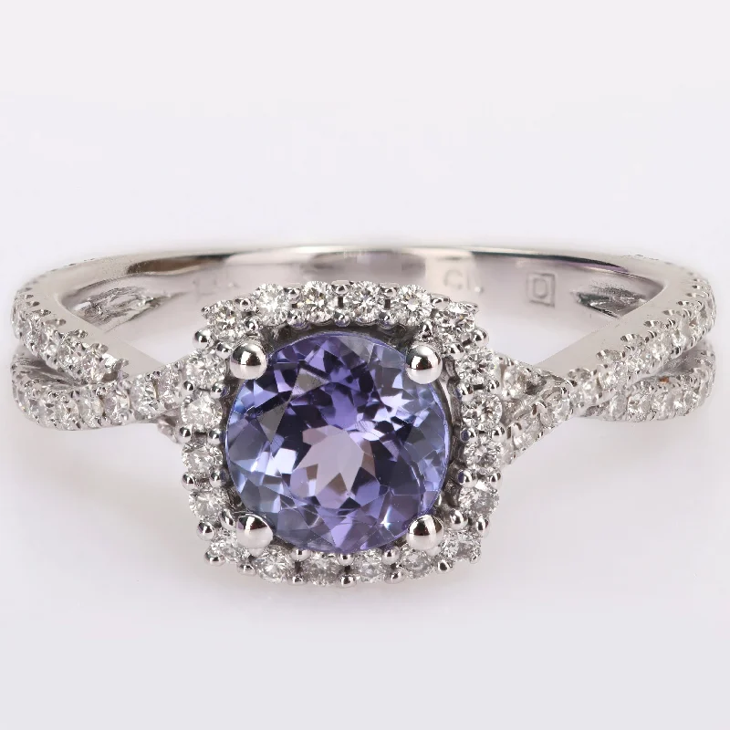 anniversary rings with gemstones -Miadora 1 1/8ct TGW Tanzanite and 1/2ct TDW Diamond Halo split shank Ring in 14k White Gold