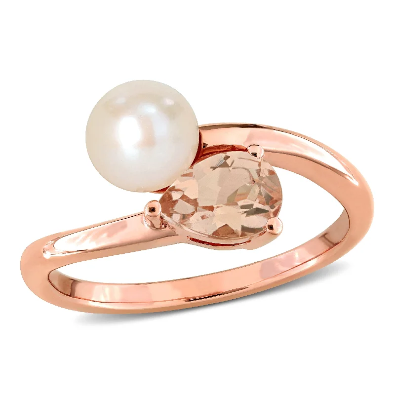 promise rings for women -Miadora 6-6.5mm Cultured Freshwater Pearl and 3/4ct TGW Pear-Cut Morganite 2-Stone Ring in 10k Rose Gold